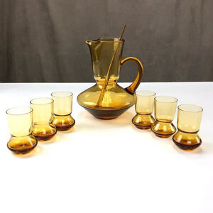 Amber glass cocktail Mid-Century Modern drinkware 8 piece bar set ‘70’s